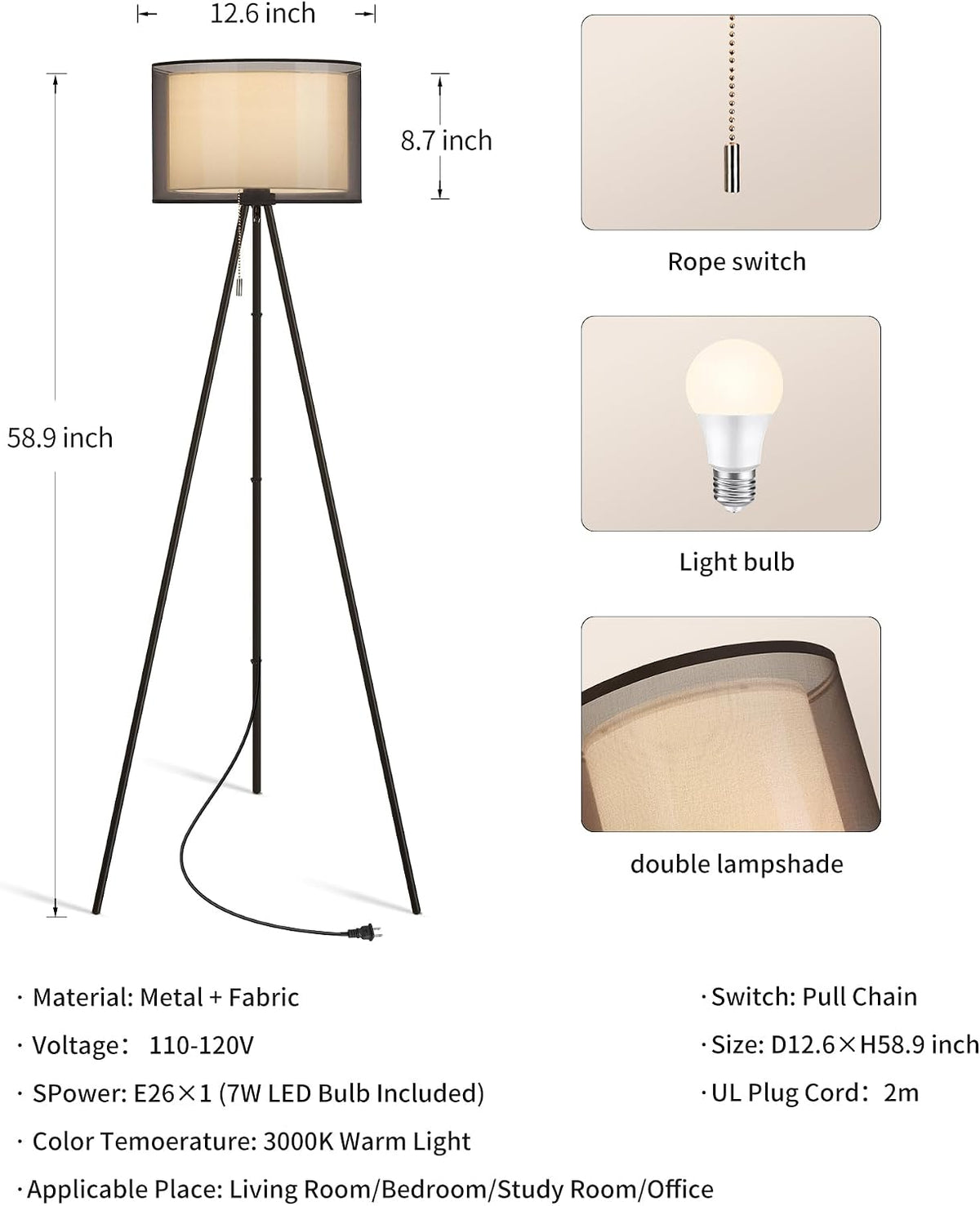 Modern Black Tripod Floor Lamp For Living‑Room