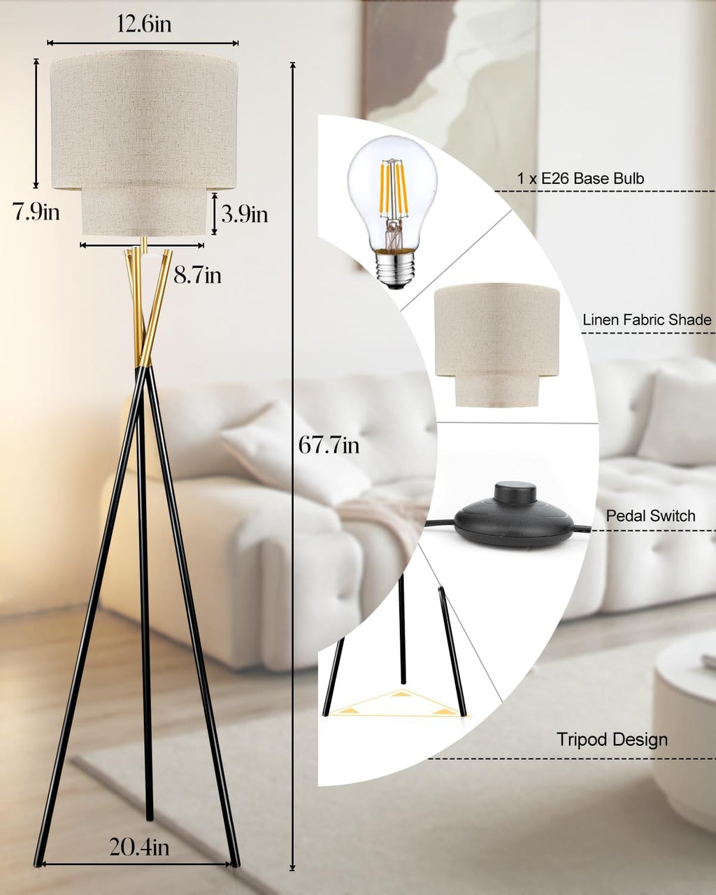 Modern Black Tripod Floor Lamp Dual Drum Shade