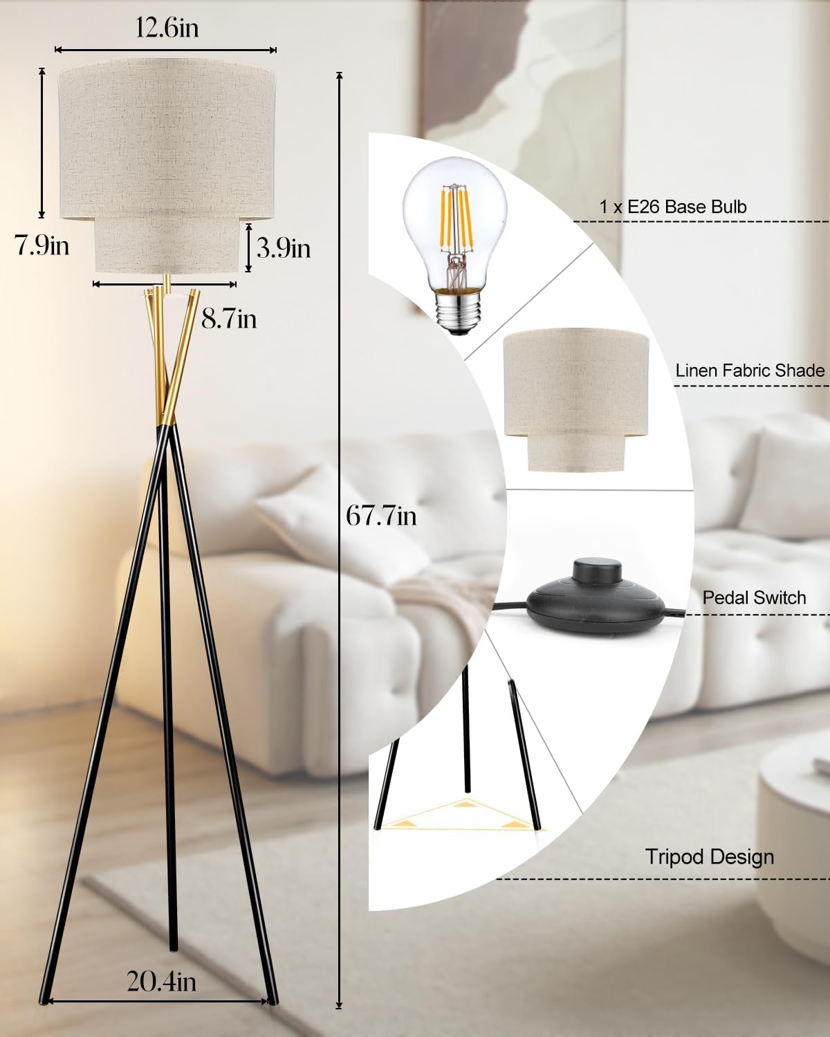 Modern Black Tripod Floor Lamp Dual Drum Shade