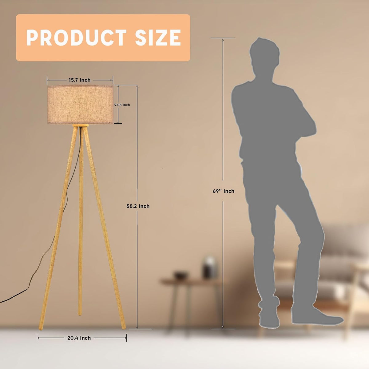 Wood Tripod LED Floor Lamp With Linen Shade