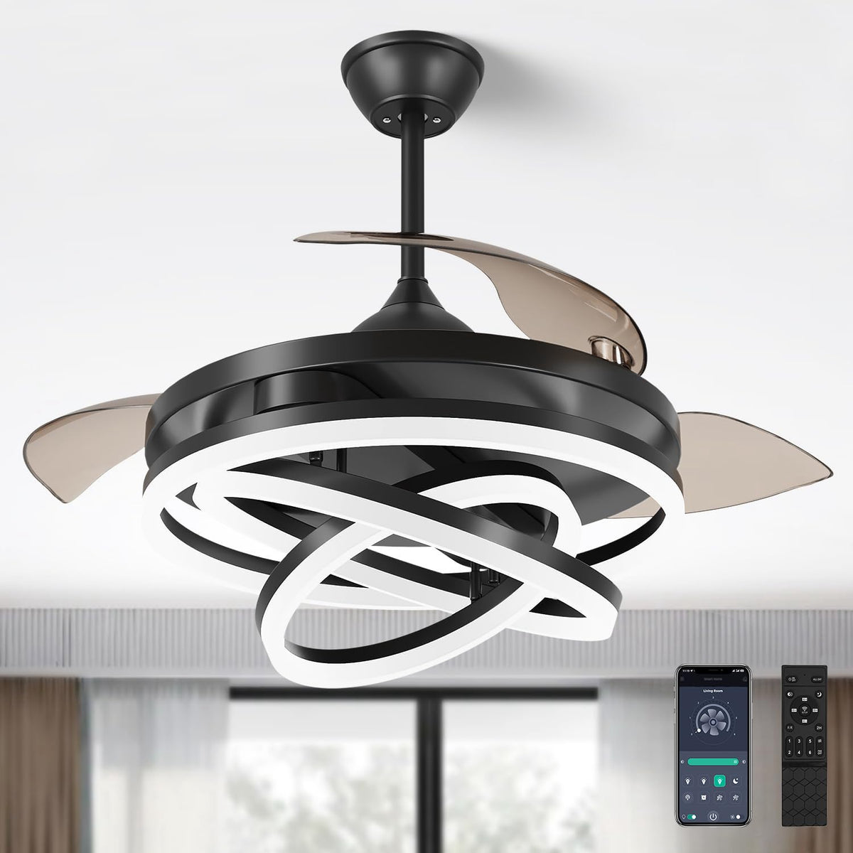 Black Retractable Ceiling Fan With Lights
