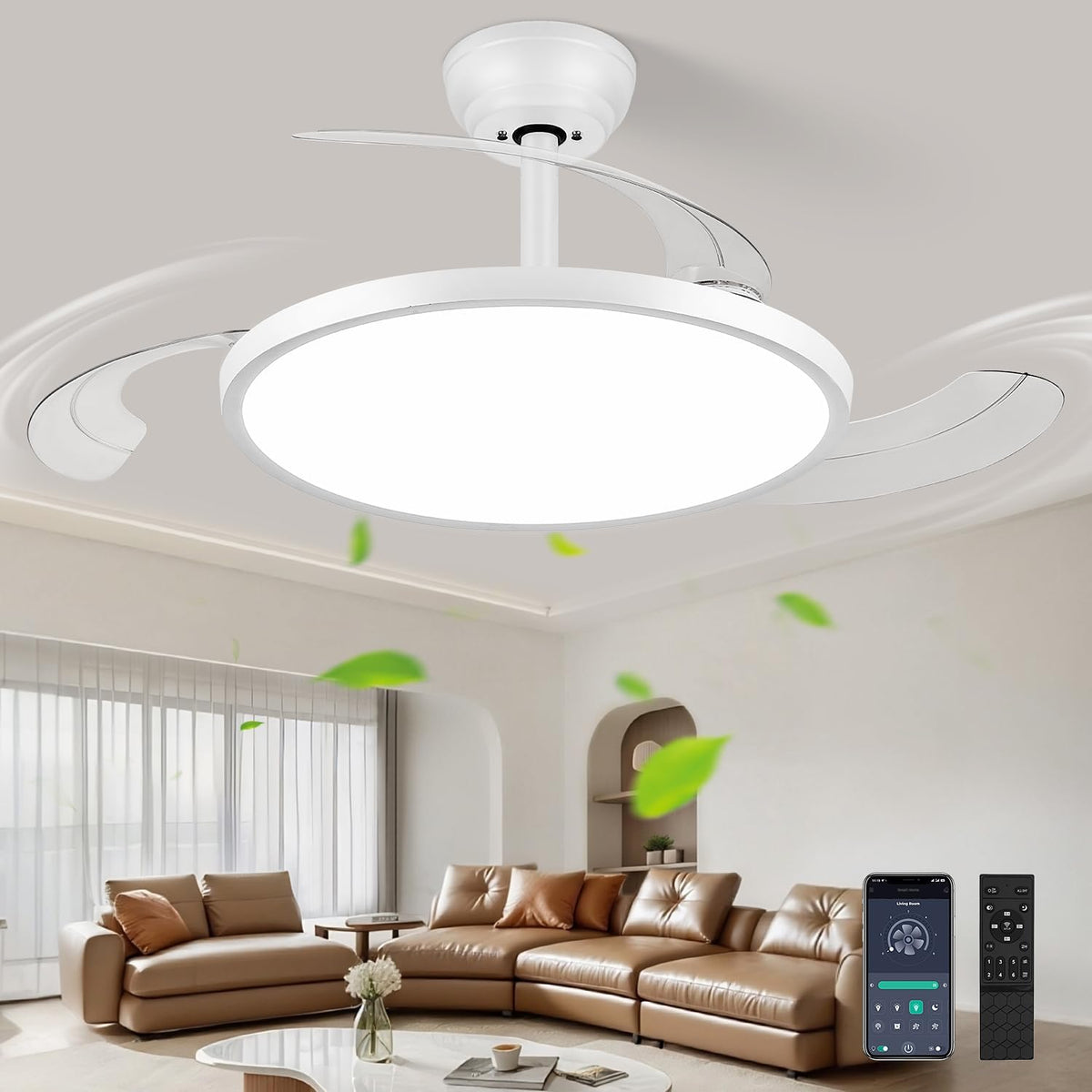 White Retractable Ceiling Fan With Light