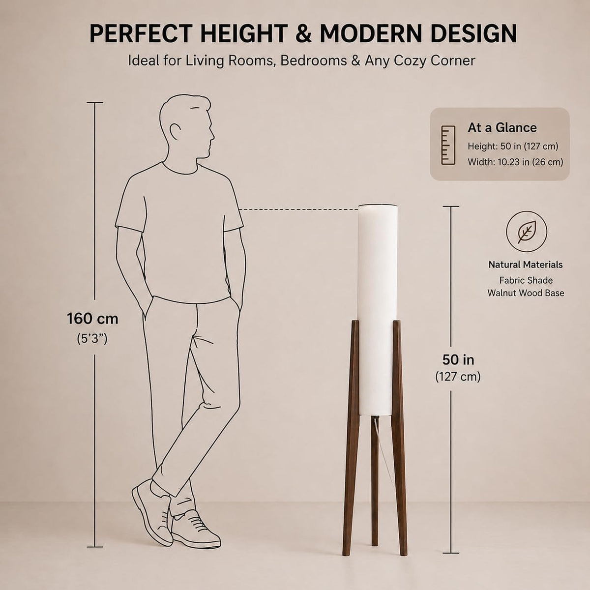 Walnut Wood Tripod Floor Lamp for Living Room