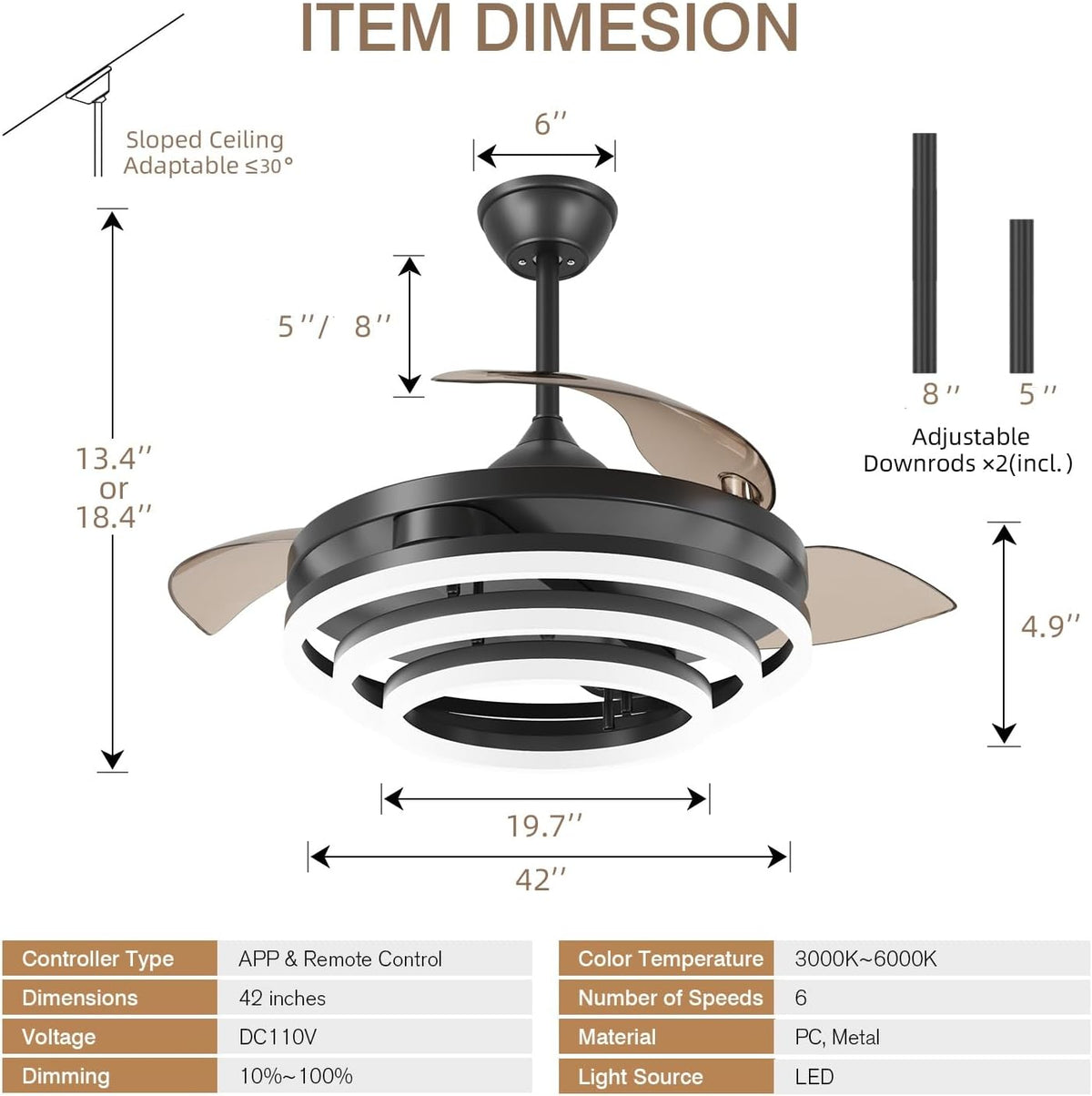 Black Retractable Ceiling Fan With Lights