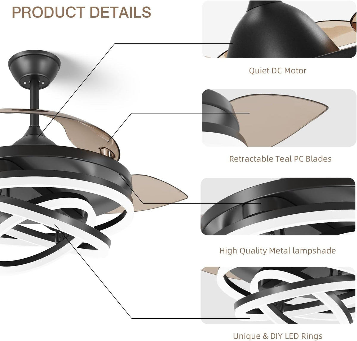 Black Retractable Ceiling Fan With Lights