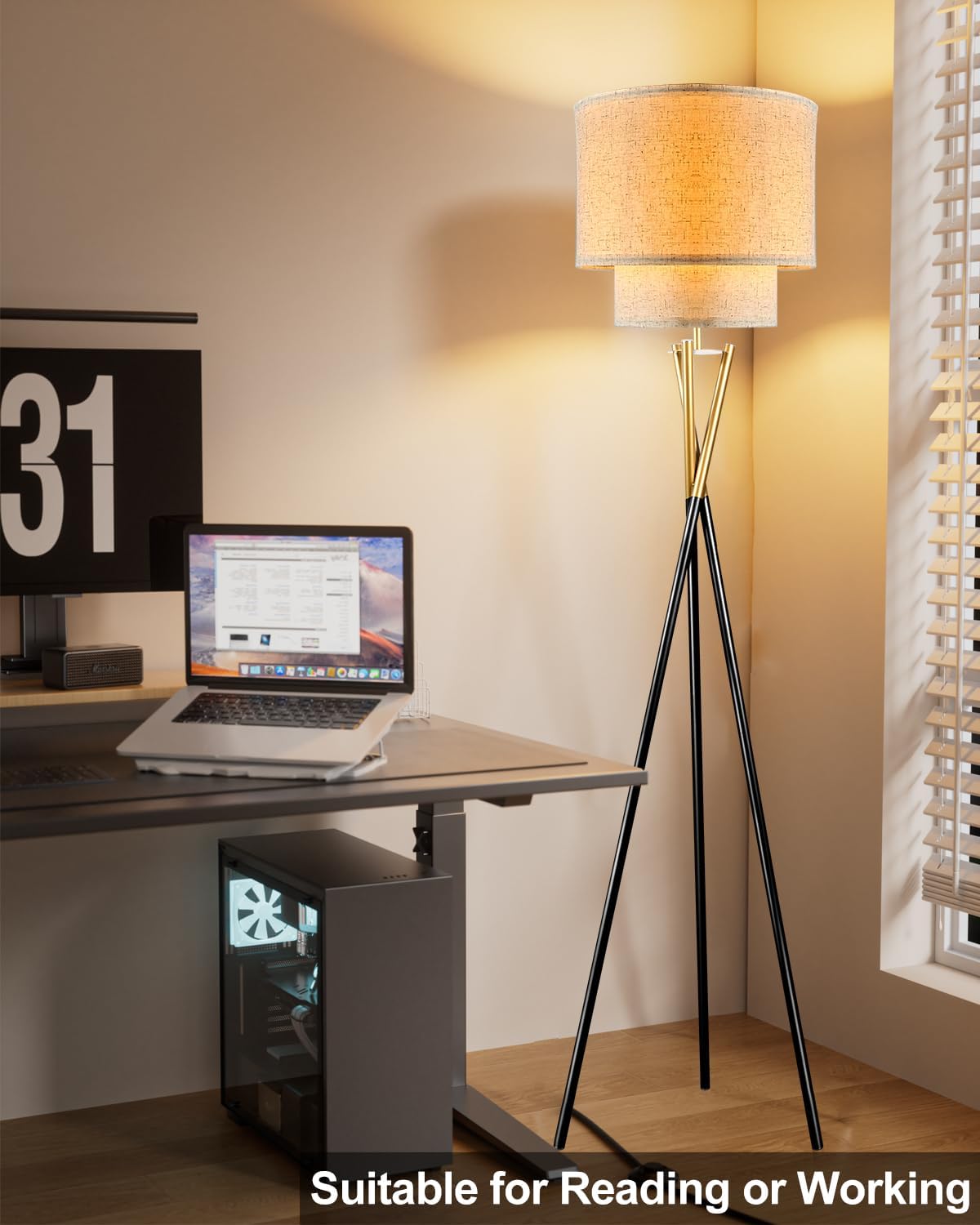 Modern Black Tripod Floor Lamp Dual Drum Shade