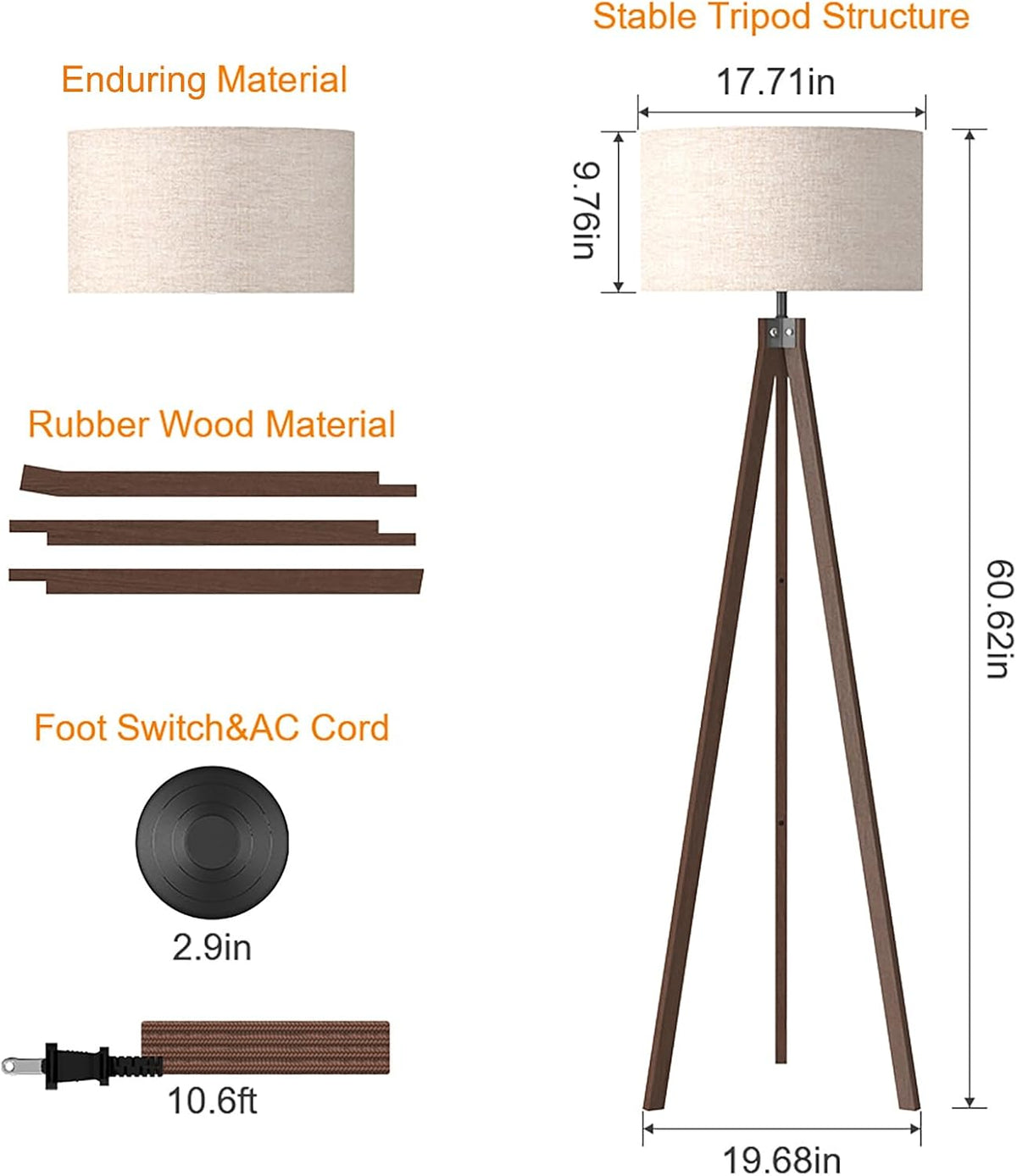 Mid‑Century Tripod Floor Lamp for Living Room