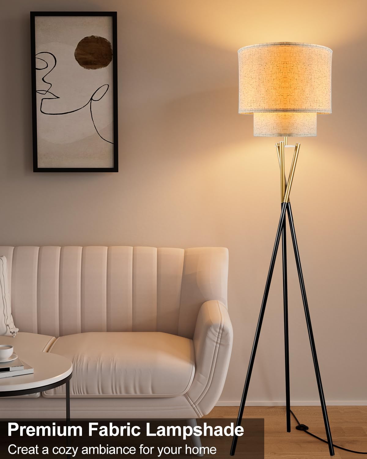 Modern Black Tripod Floor Lamp Dual Drum Shade