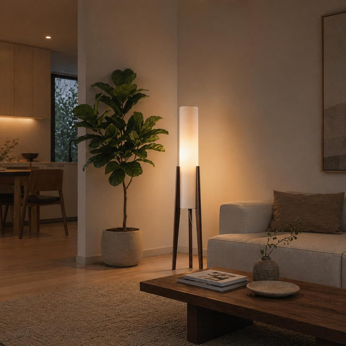 Walnut Wood Tripod Floor Lamp for Living Room