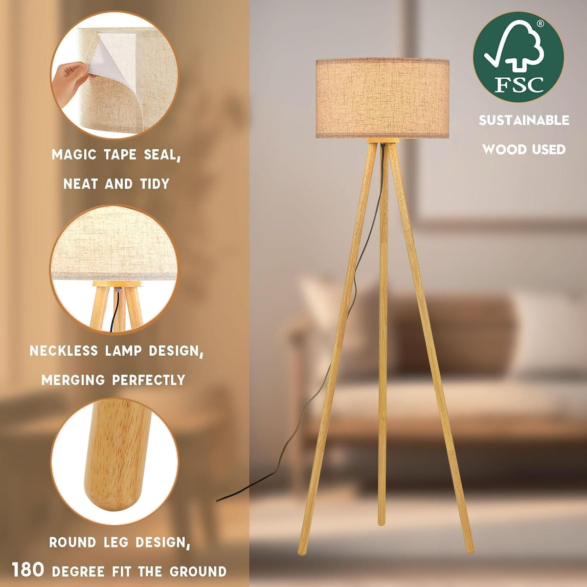 Wood Tripod LED Floor Lamp With Linen Shade