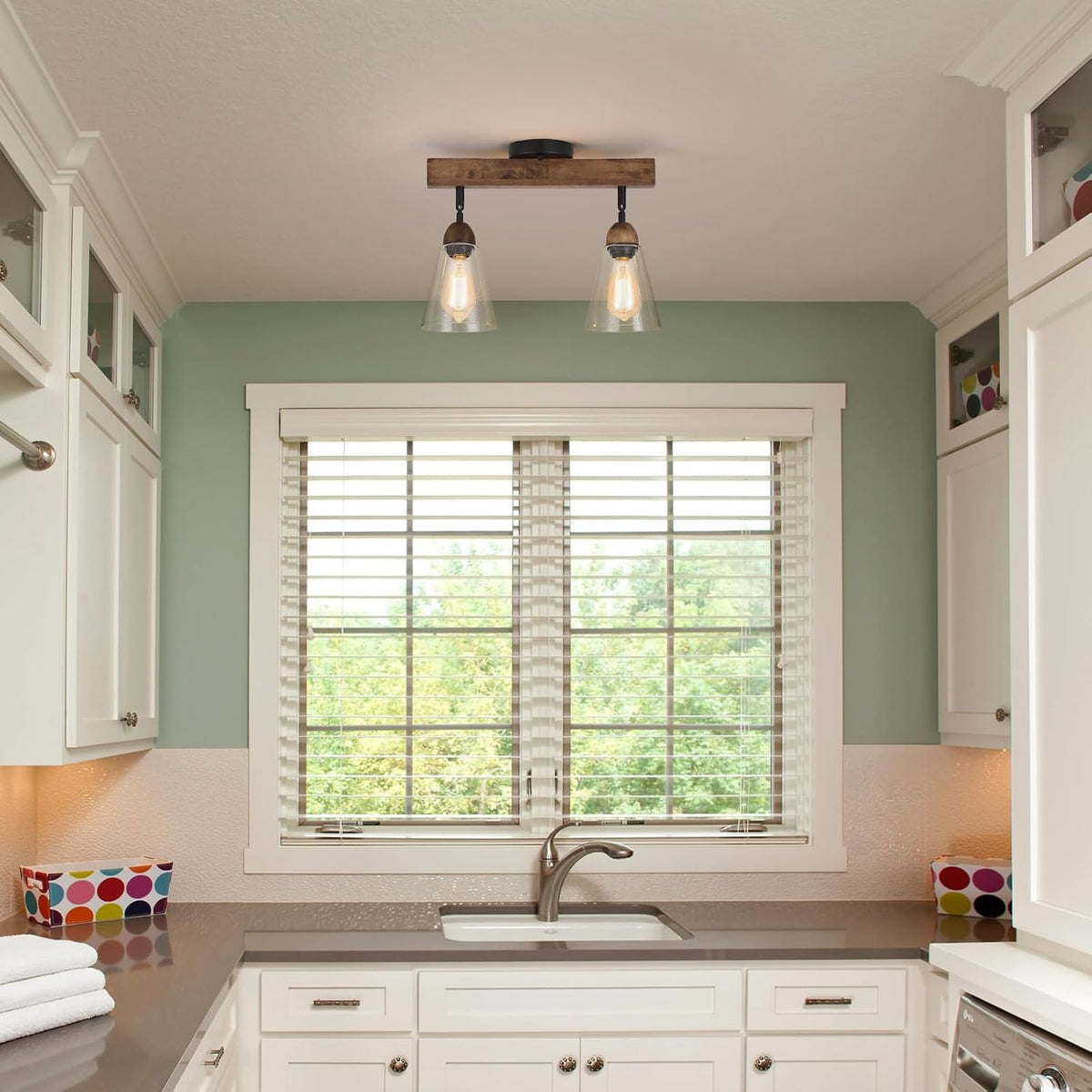 Farmhouse Wood Glass Ceiling Light Fixture