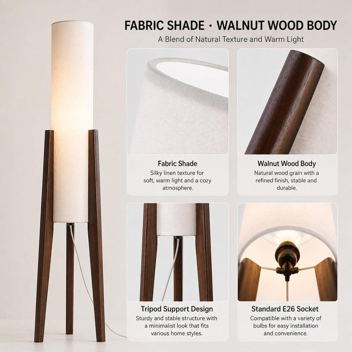 Walnut Wood Tripod Floor Lamp for Living Room