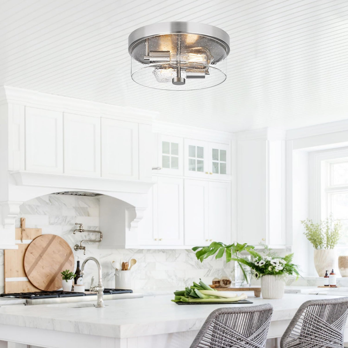 Brushed Nickel Seeded Glass Ceiling Light