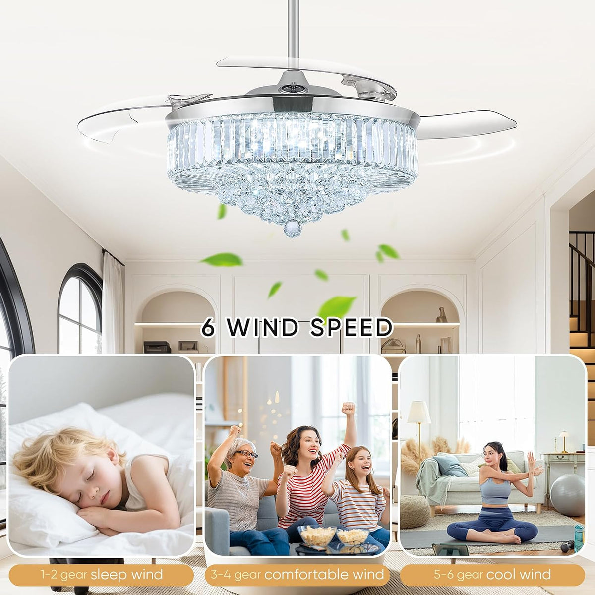 Crystal Retractable Ceiling Fan With Lights