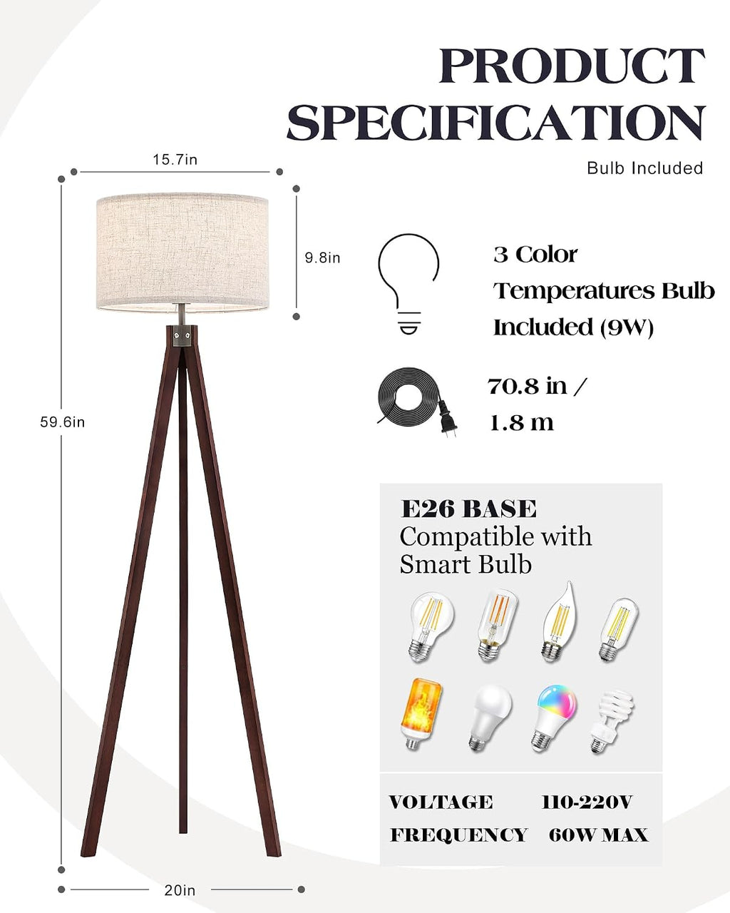 Mid‑Century Wood Tripod LED Floor Lamp Linen Shade