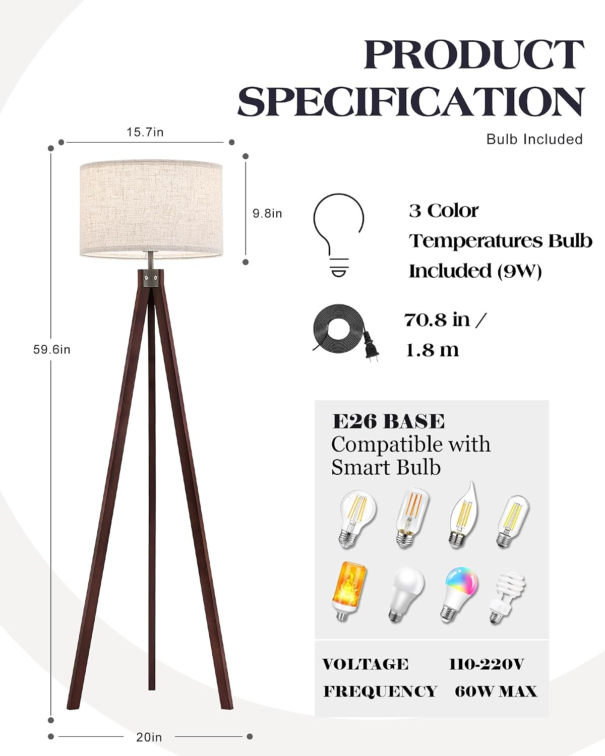 Mid‑Century Wood Tripod LED Floor Lamp Linen Shade