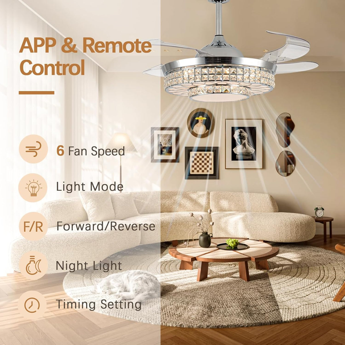Crystal Retractable Ceiling Fan With Lights