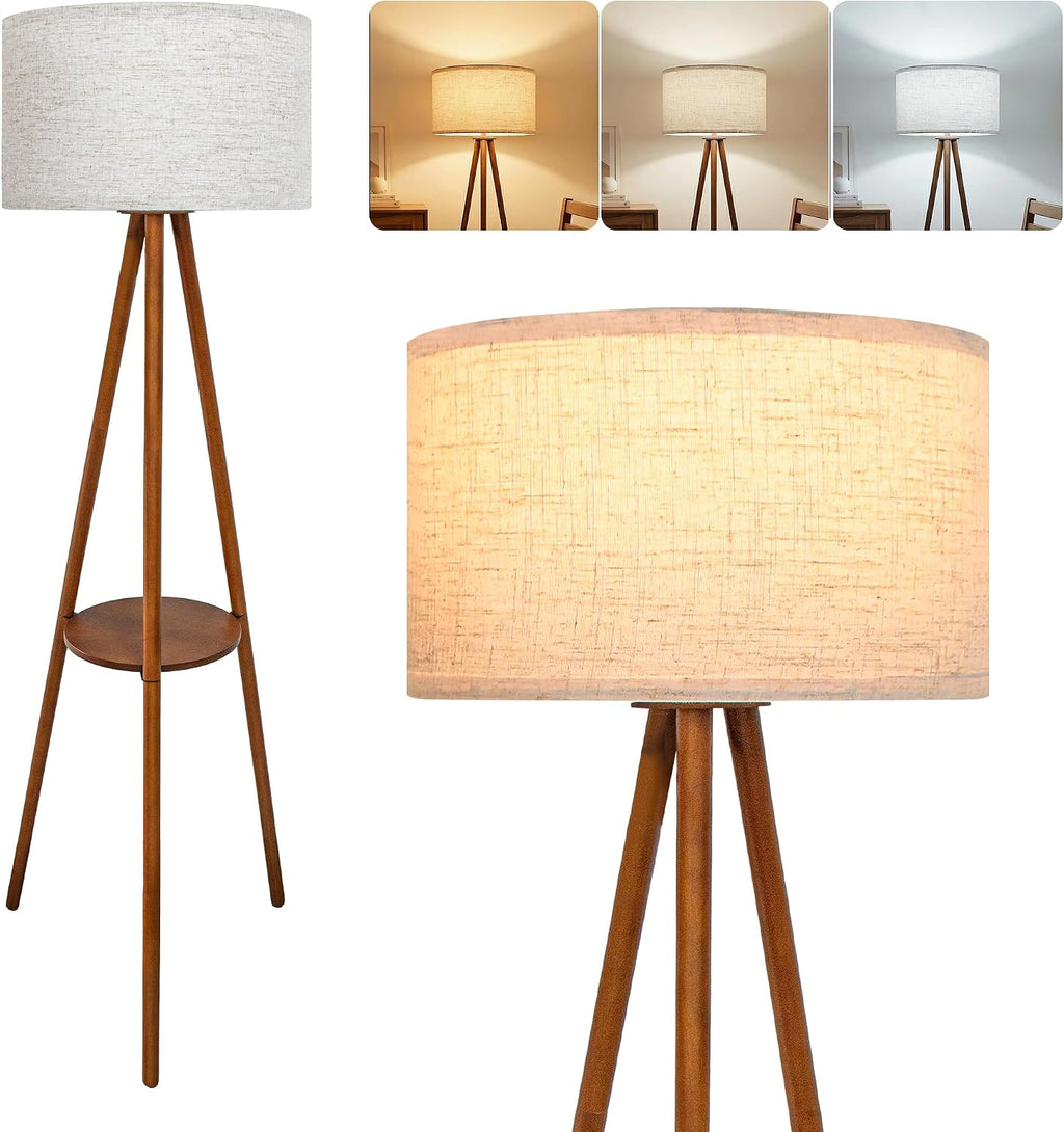 Mid‑Century Wood Tripod Floor Lamp With Shelves