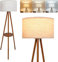 Mid‑Century Wood Tripod Floor Lamp With Shelves