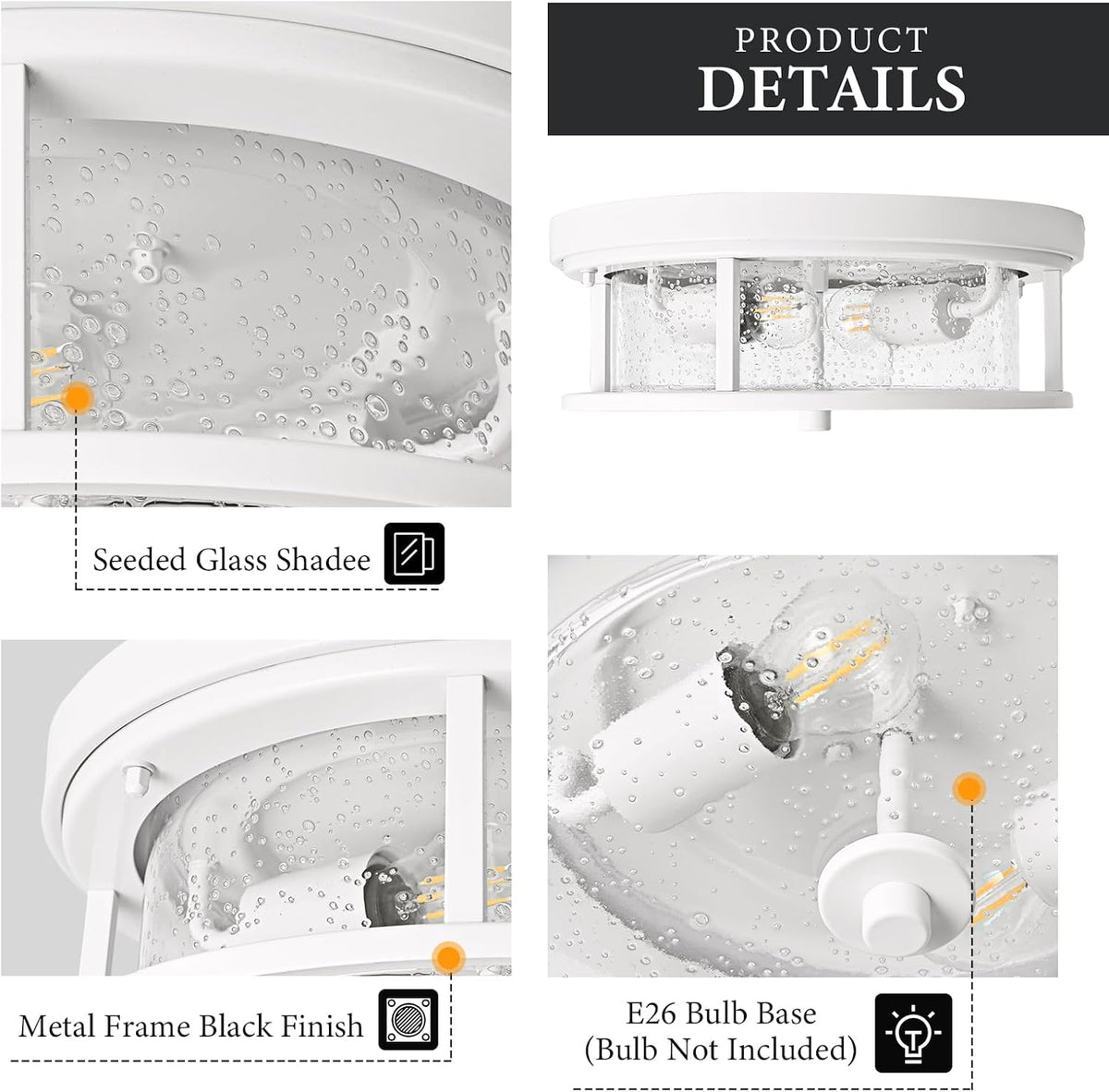 White Seeded Glass Flush Mount Ceiling Light Fixture