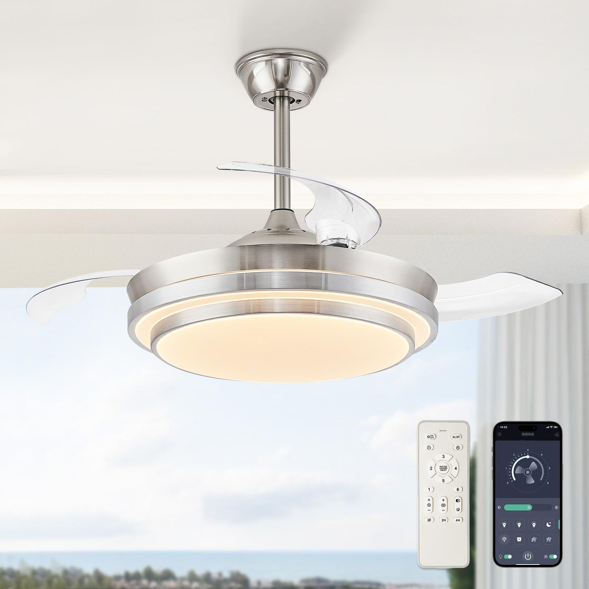 Retractable Ceiling Fan With Light Remote