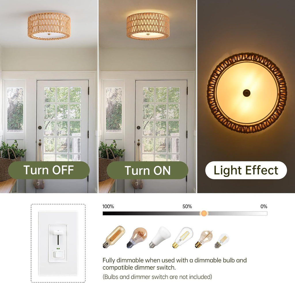 Boho Rattan Flush Mount Ceiling Light Fixture