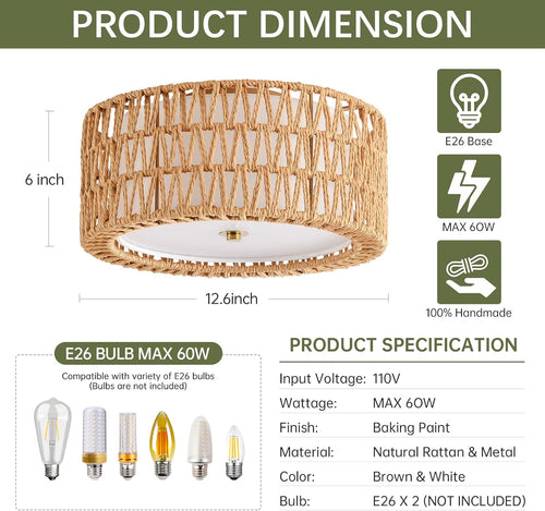 Boho Rattan Flush Mount Ceiling Light Fixture