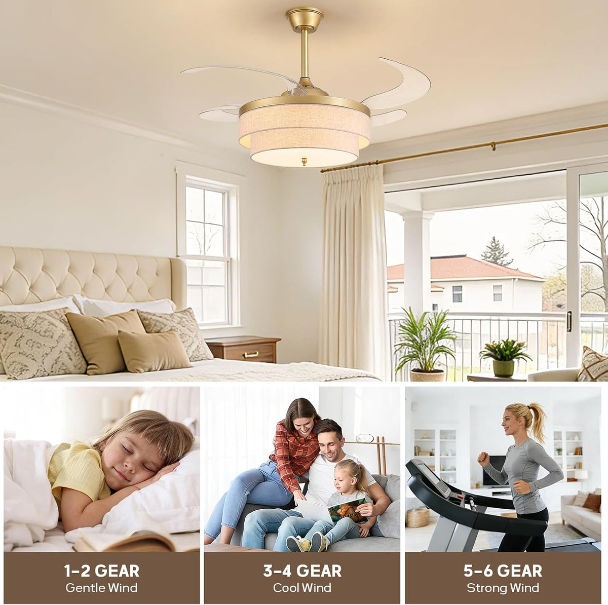 Gold Retractable Ceiling Fan With Lights