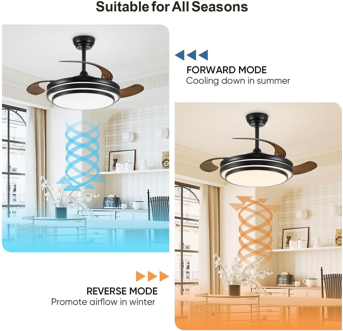 Black Retractable Ceiling Fan With Lights