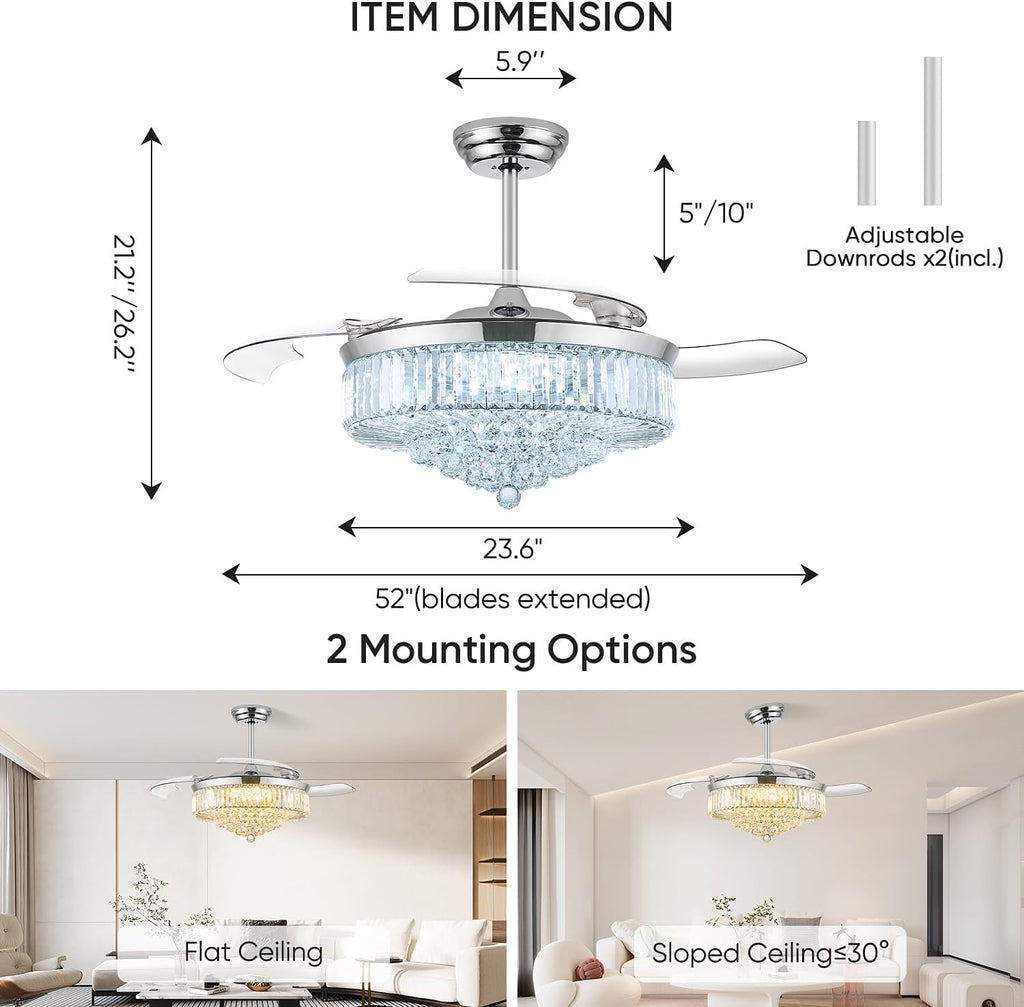 Crystal Retractable Ceiling Fan With Lights