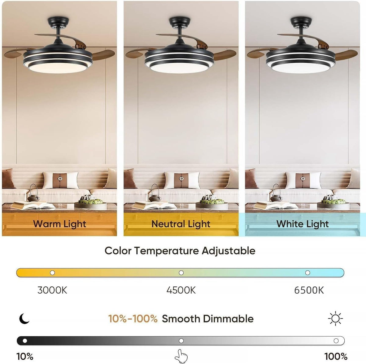 Black Retractable Ceiling Fan With Lights