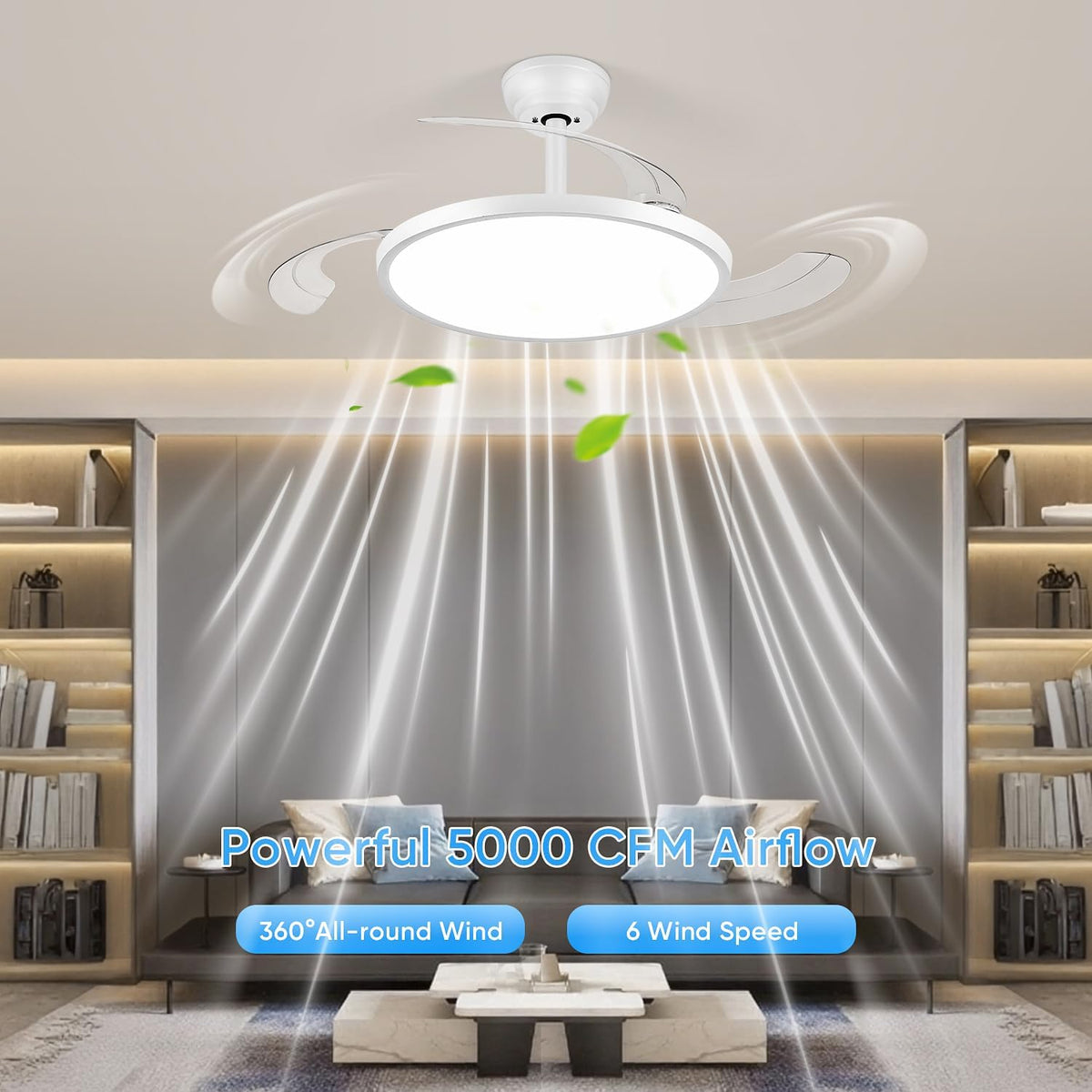White Retractable Ceiling Fan With Light