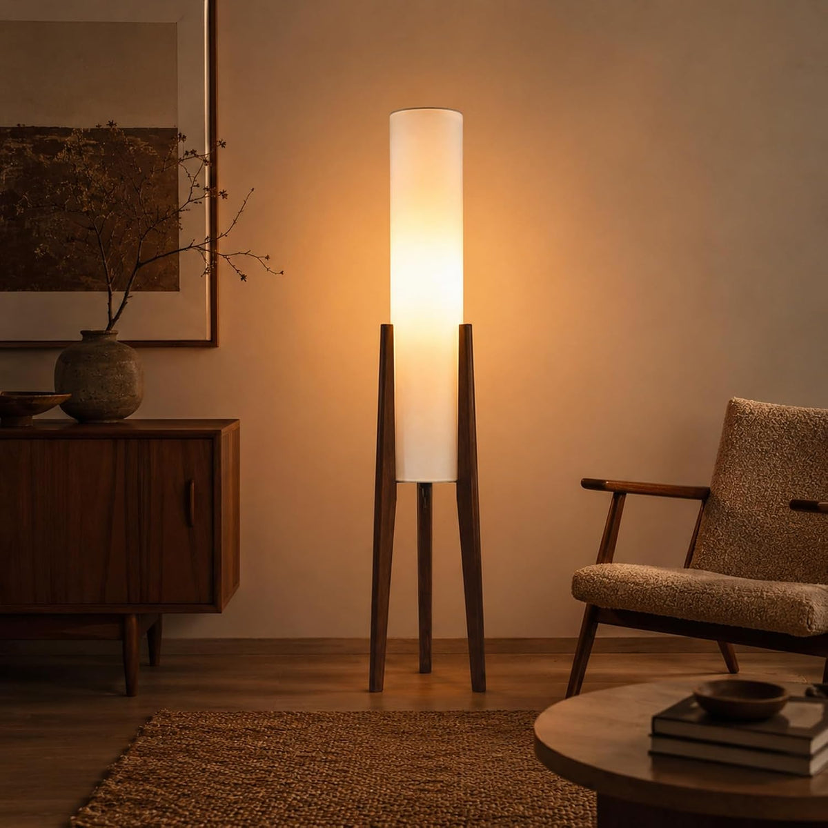 Walnut Wood Tripod Floor Lamp for Living Room