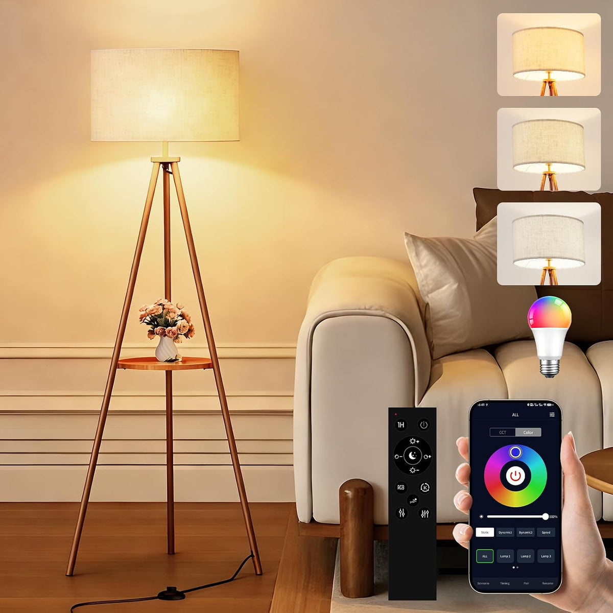 Mid‑Century Tripod Floor Lamp With Shelf Remote‑Controlled
