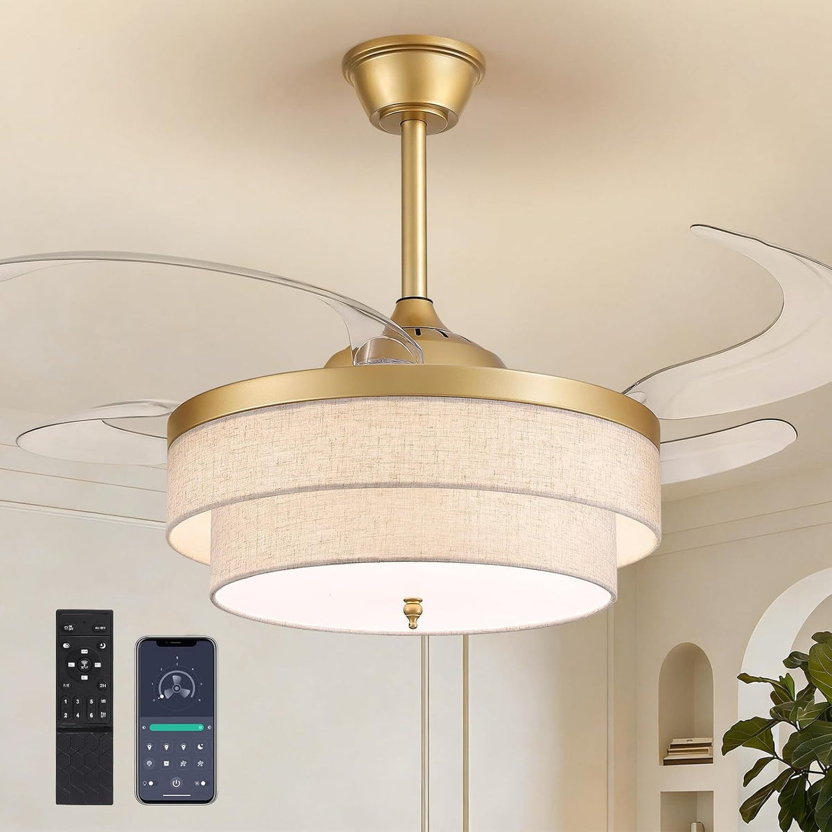Gold Retractable Ceiling Fan With Lights
