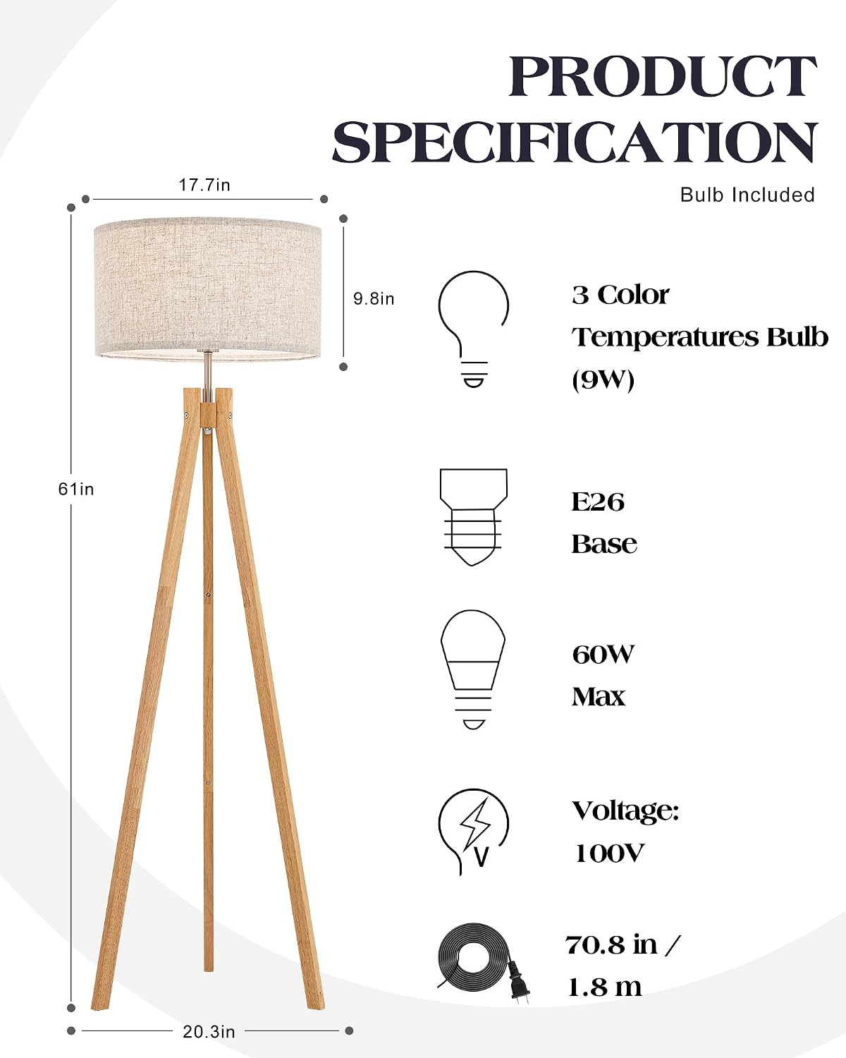 Nordic Wood Tripod LED Floor Lamp Flaxen Shade