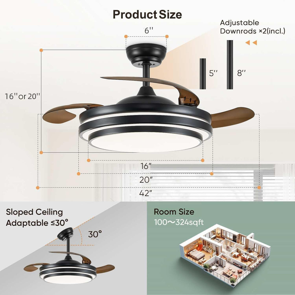 Black Retractable Ceiling Fan With Lights