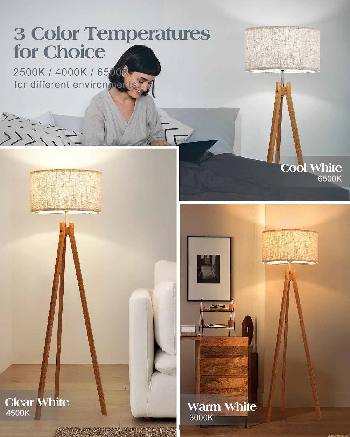 Nordic Wood Tripod LED Floor Lamp Flaxen Shade
