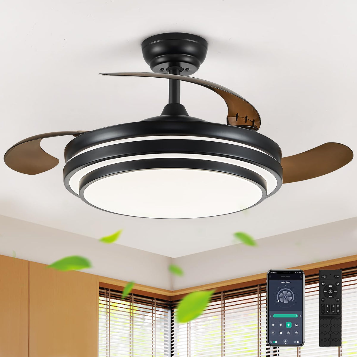 Black Retractable Ceiling Fan With Lights