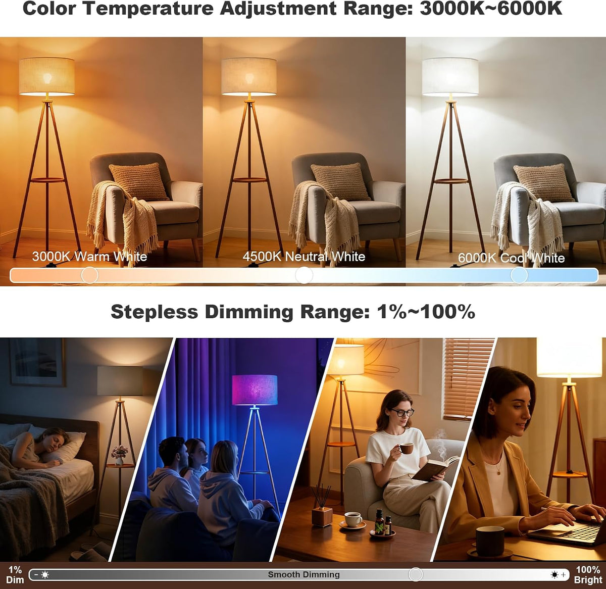 Mid‑Century Tripod Floor Lamp With Shelf Remote‑Controlled