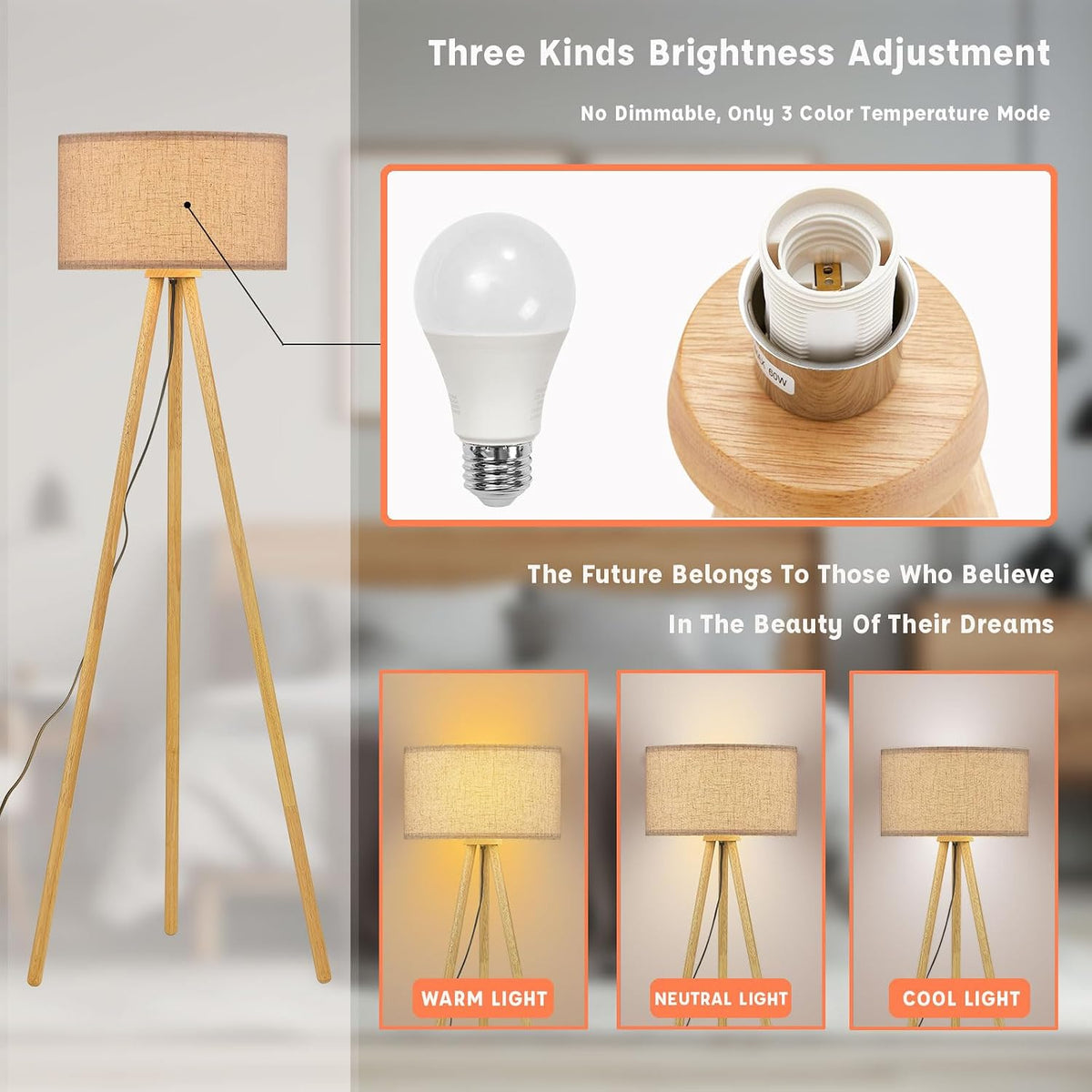 Wood Tripod LED Floor Lamp With Linen Shade