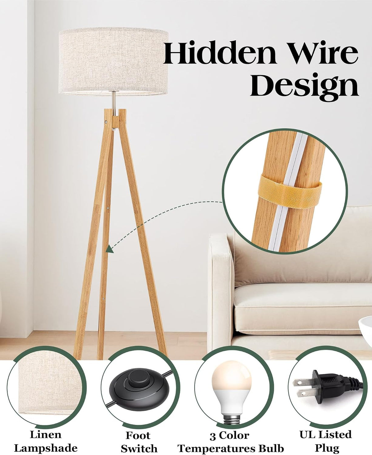 Nordic Wood Tripod LED Floor Lamp Flaxen Shade