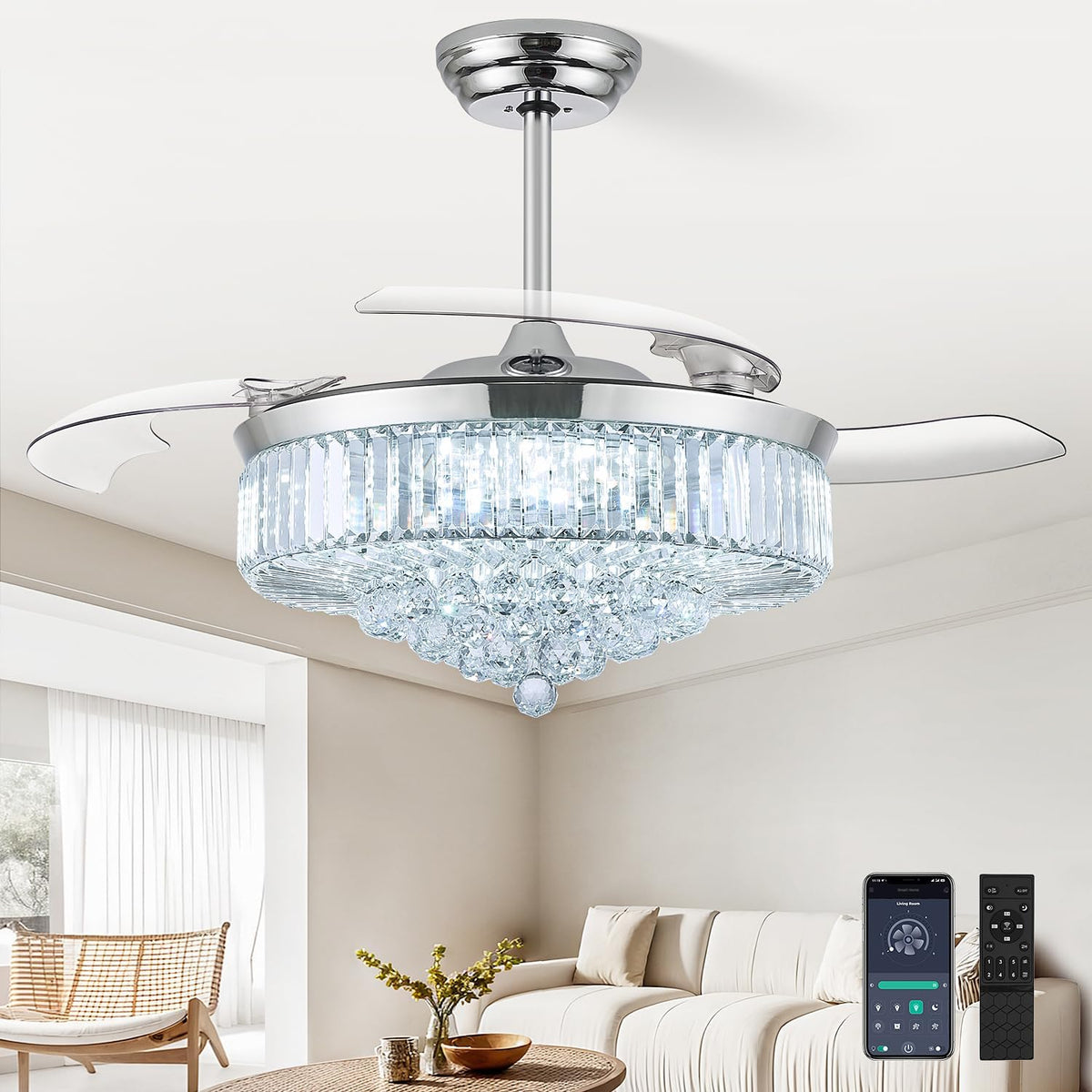 Crystal Retractable Ceiling Fan With Lights