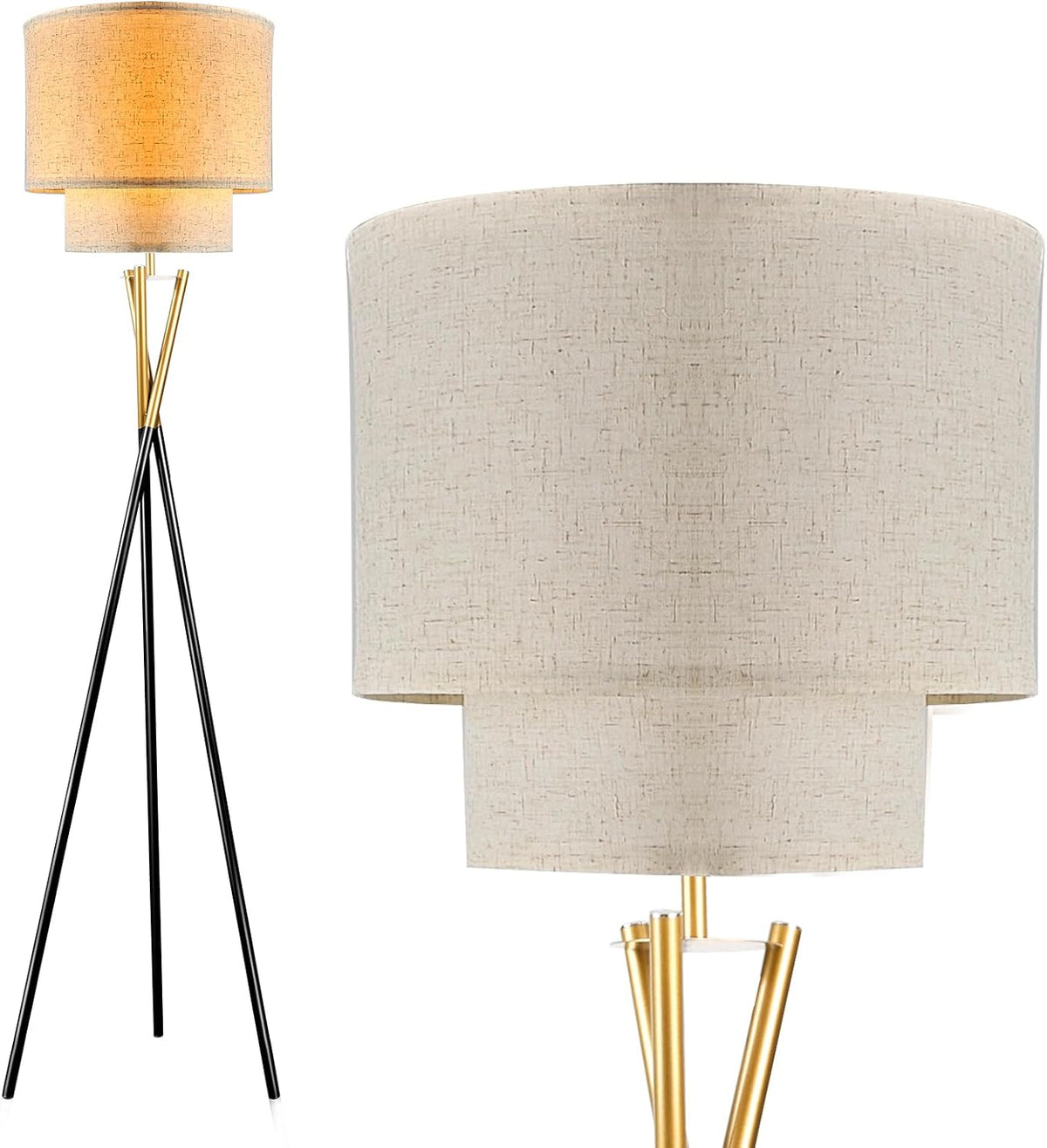 Modern Black Tripod Floor Lamp Dual Drum Shade