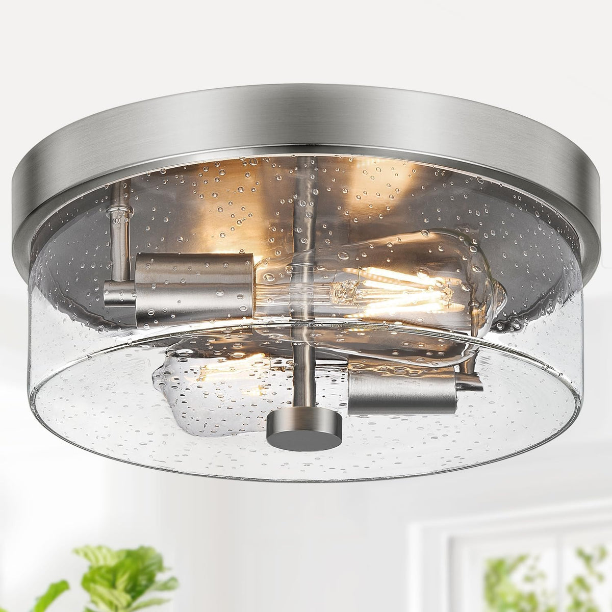 Brushed Nickel Seeded Glass Ceiling Light