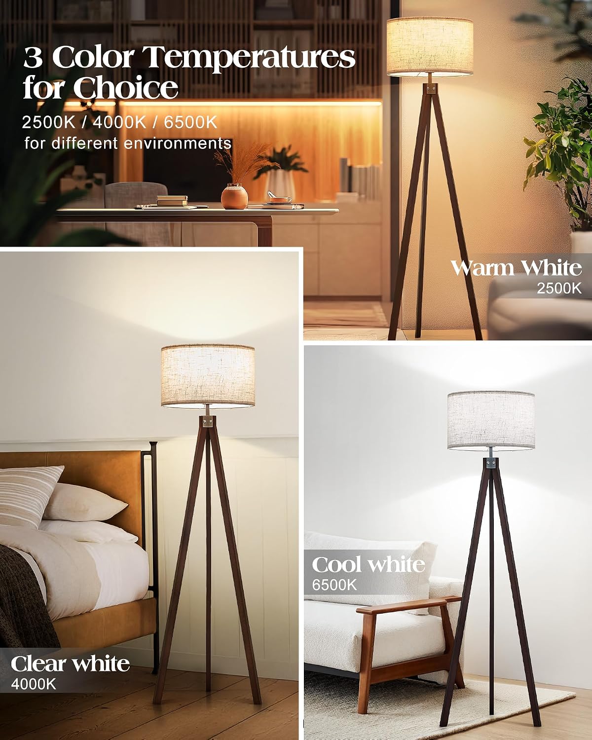 Mid‑Century Wood Tripod LED Floor Lamp Linen Shade