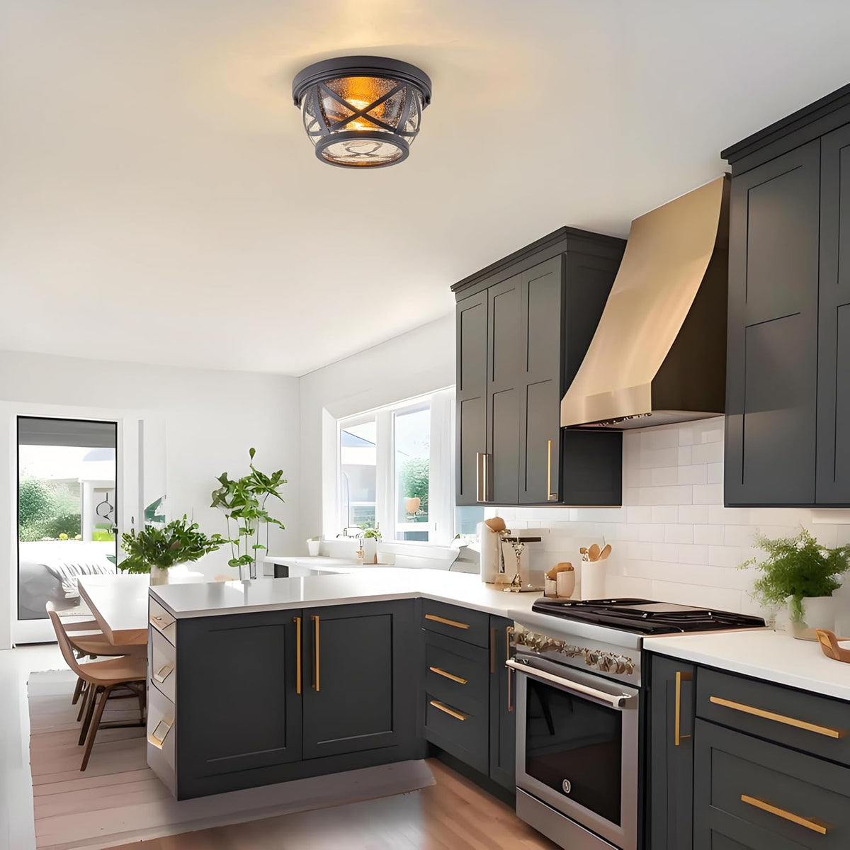 Industrial Bronze Flush Mount Ceiling Light Seeded Glass
