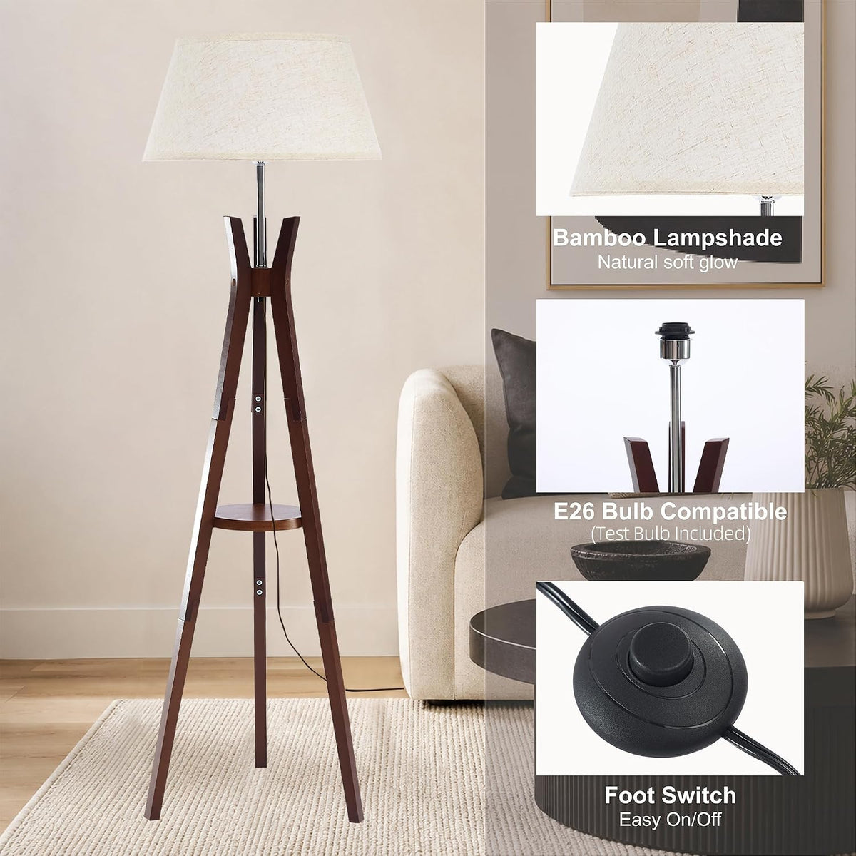 Modern Tripod Floor Lamp With Storage Shelf