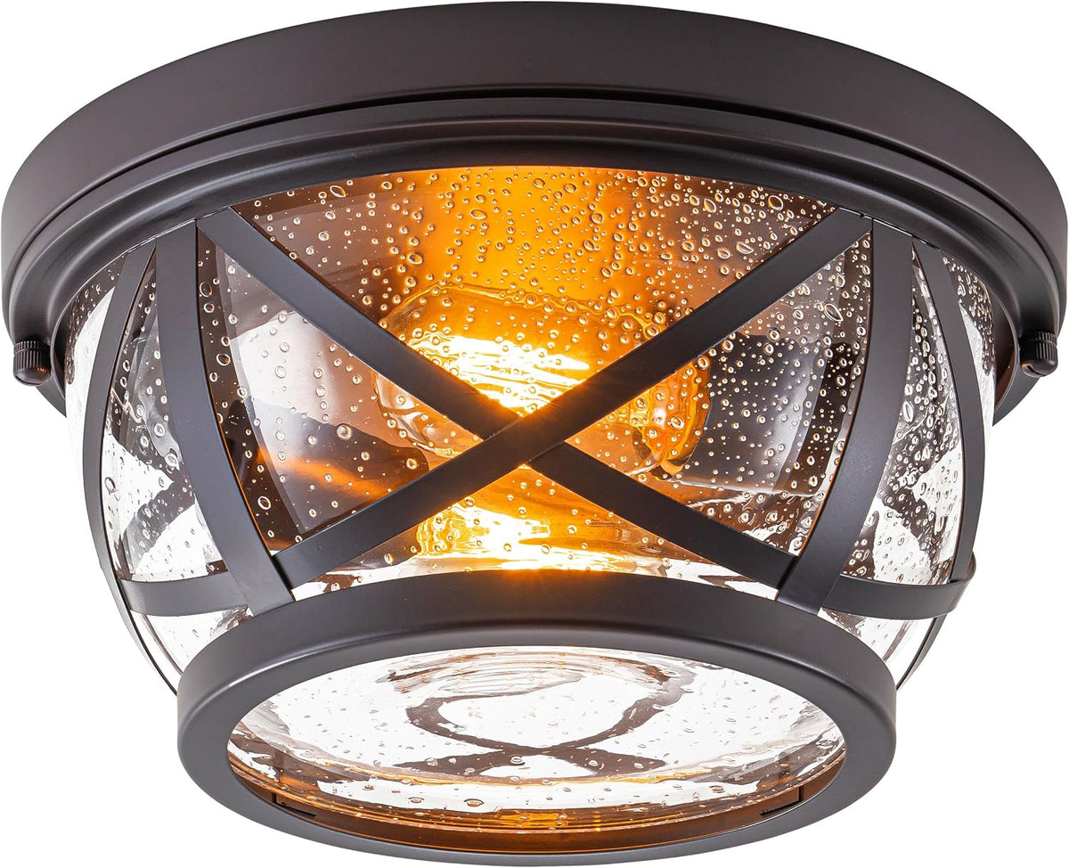 Industrial Bronze Flush Mount Ceiling Light Seeded Glass