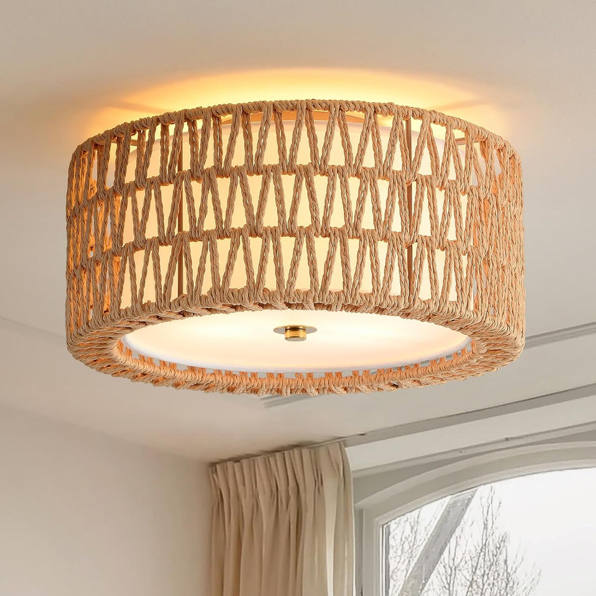 Boho Rattan Flush Mount Ceiling Light Fixture